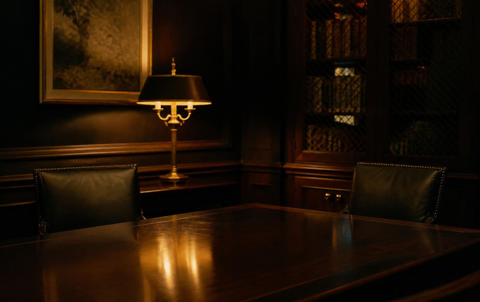 A private meeting room lit by a single lamp