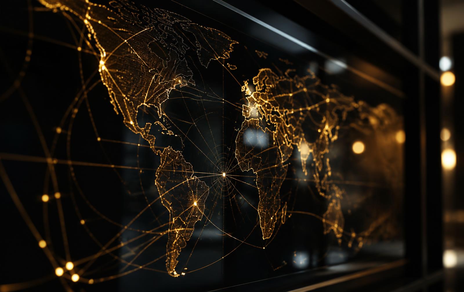 Illuminated global network of gold data lines on black glass