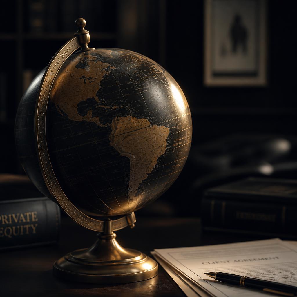 Brass globe and client agreement documents in a private office